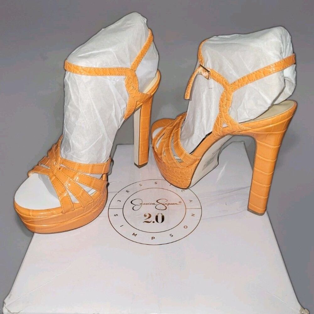 Jessica Simpson Itzari Platform Sandals Orange Croc Strappy Heels 9.5M New Box